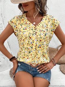 SHEIN LUNE 碎花蝙蝠袖襯衫 - 黃色 - 查看 3