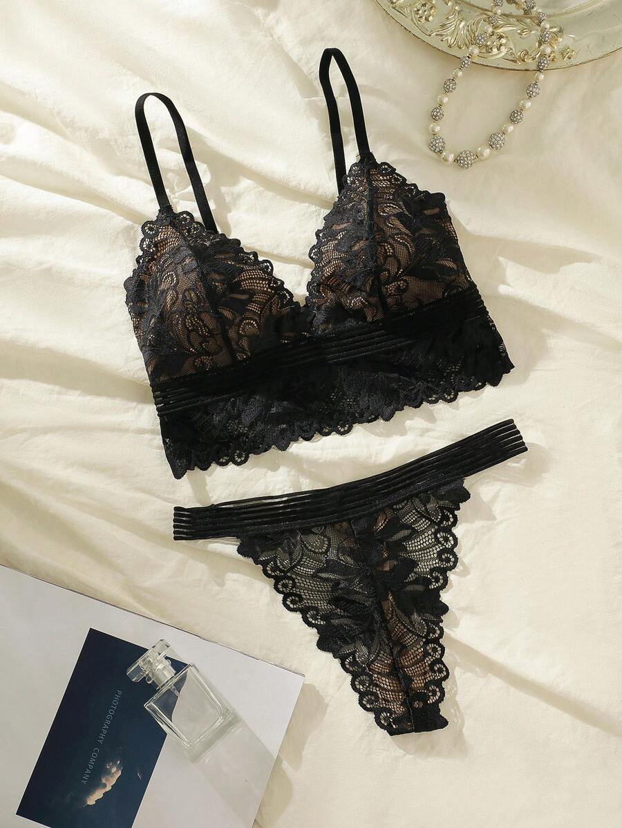 Set de lencería con encaje floral - Negro - Ver 1