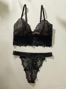 Set de lencería con encaje floral - Negro - Ver 5