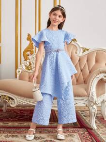 SHEIN 女孩花卉圖案提花蝴蝶袖不對稱下擺上衣和闊腿褲不附腰帶