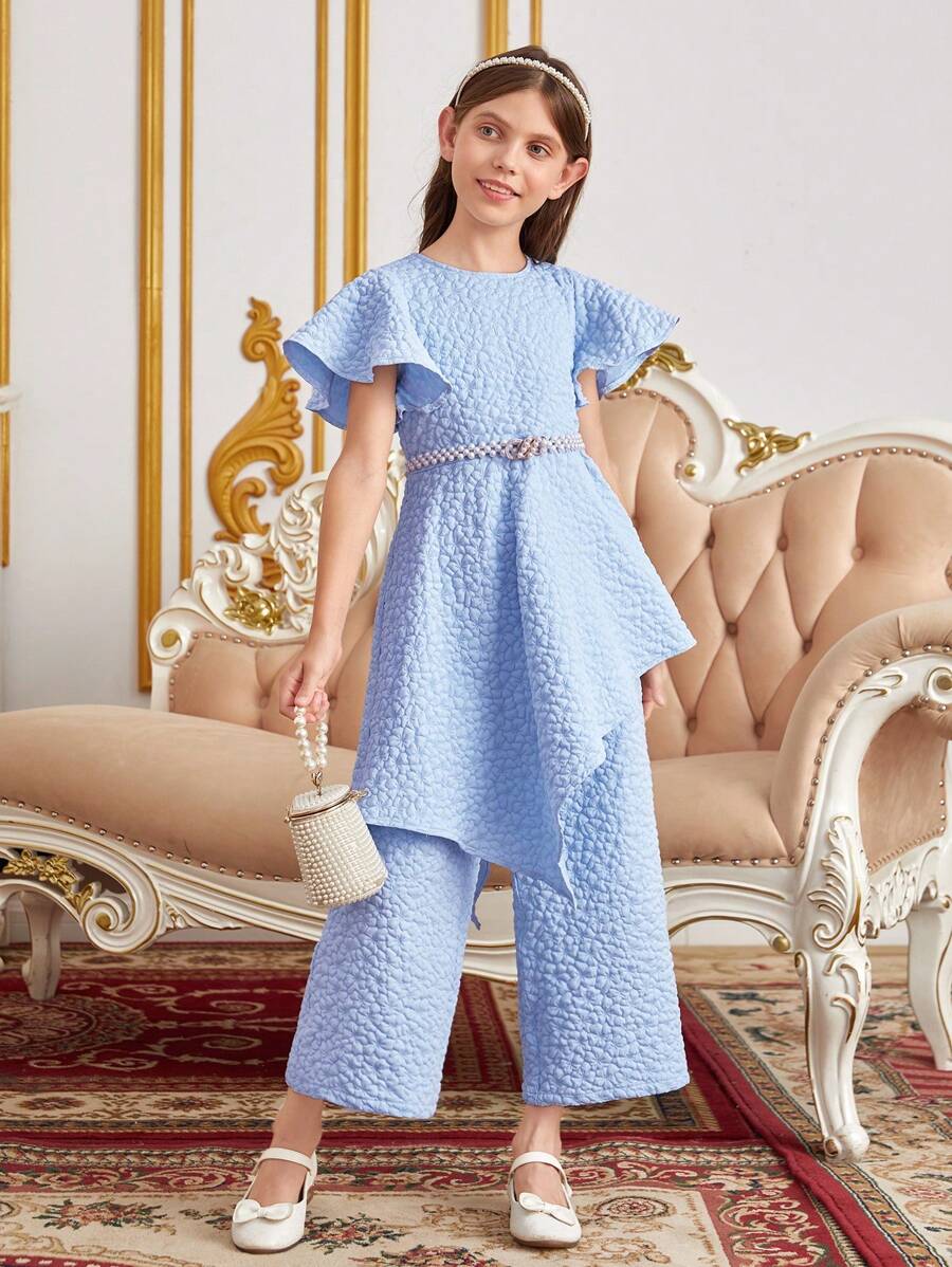 SHEIN 女孩花卉圖案提花蝴蝶袖不對稱下擺上衣和闊腿褲不附腰帶