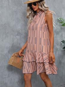 SHEIN Clasi 幾何印花繫帶領荷葉邊連衣裙 - 杏色 - 查看 5