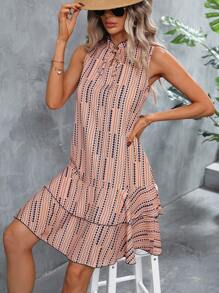 SHEIN Clasi 幾何印花繫帶領荷葉邊連衣裙 - 杏色 - 查看 6