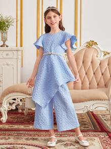 SHEIN 女孩花卉圖案提花蝴蝶袖不對稱下擺上衣和闊腿褲不附腰帶