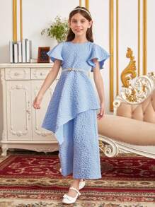 SHEIN 女孩花卉圖案提花蝴蝶袖不對稱下擺上衣和闊腿褲不附腰帶