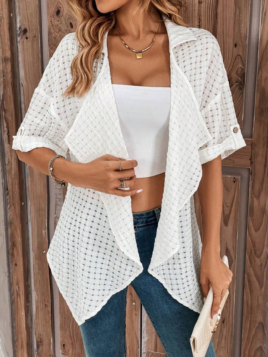 SHEIN LUNE Waterfall Collar Drop Shoulder Open Front Coat - White - View 1