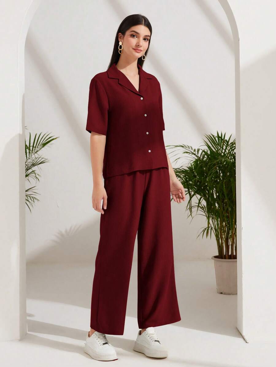 SHEIN Mulvari Burgundy Red Lapel Neck Button Front Blouse & Pants for