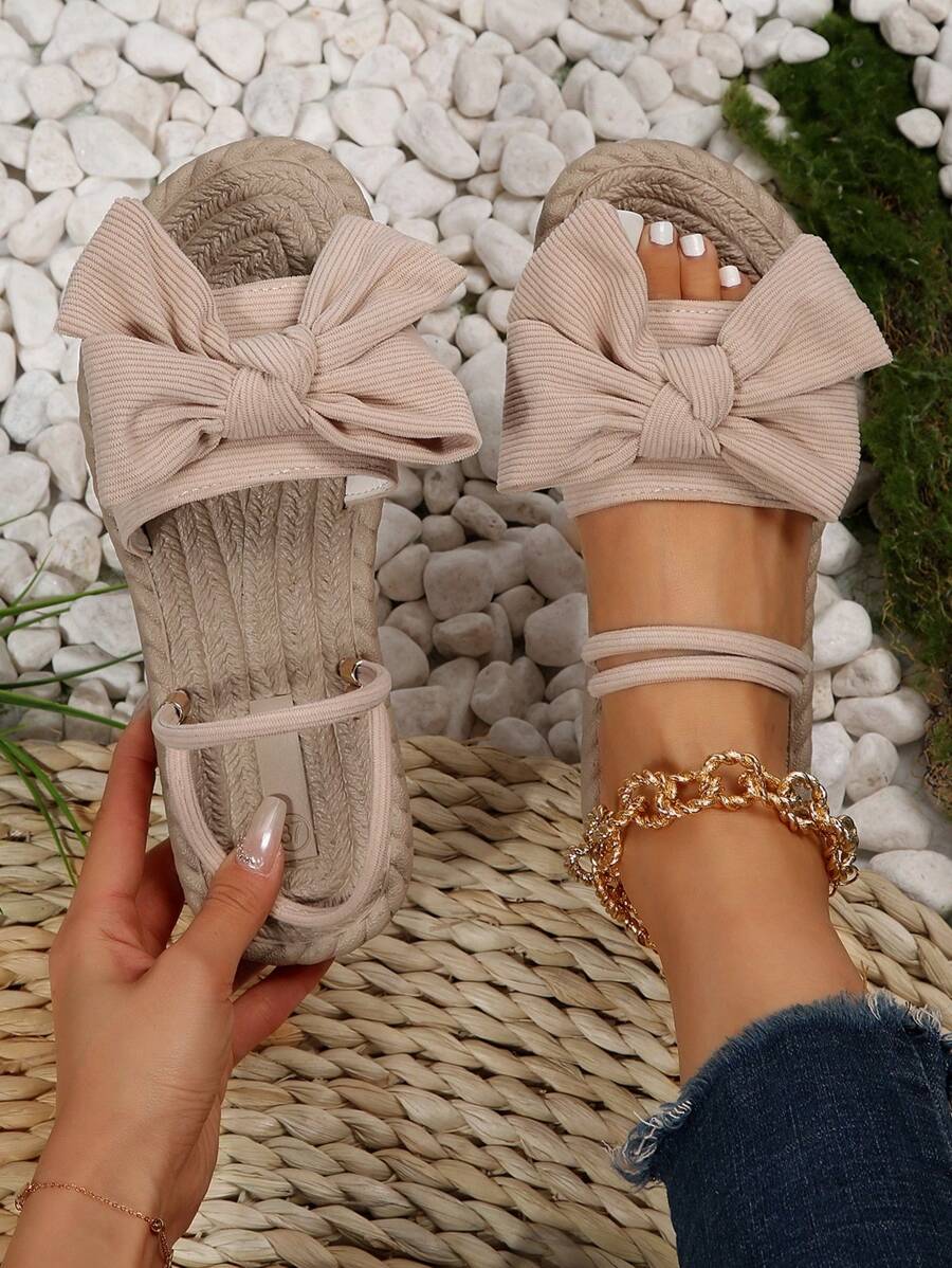 女士蝴蝶結裝飾多用途穿戴度假杏滌綸平底涼鞋 - 杏色 - 查看 1