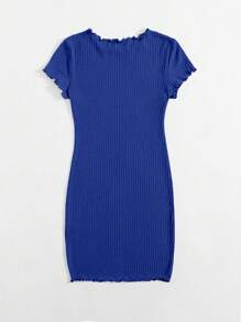 SHEIN EZwear Plus Lettuce Trim Rib-knit Bodycon Dress - Blue - View 2