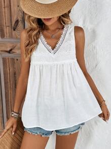 SHEIN VCAY Áo sơ mi nữ Tương phản ren màu trơn Dễ thương - trắng - Xem 3