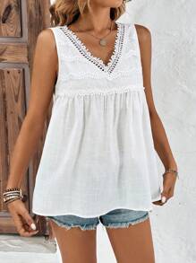 SHEIN VCAY Áo sơ mi nữ Tương phản ren màu trơn Dễ thương - trắng - Xem 5