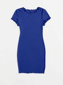 SHEIN EZwear Plus Lettuce Trim Rib-knit Bodycon Dress - Blue - View 5