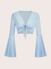 SHEIN ICON 素色前繫帶網紗短款上衣 - 淺藍色 - 查看 1