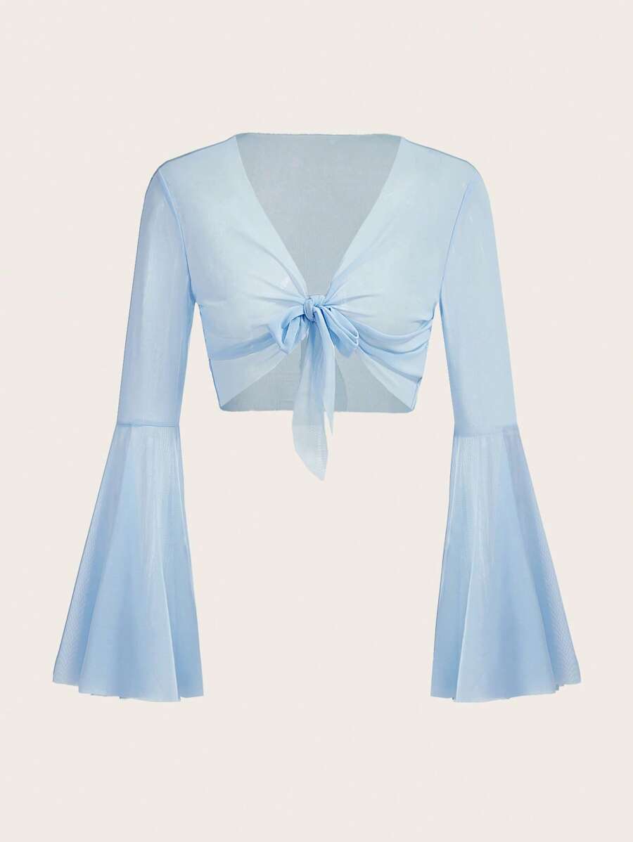 SHEIN ICON 素色前繫帶網紗短款上衣 - 淺藍色 - 查看 1