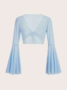 SHEIN ICON 素色前繫帶網紗短款上衣 - 淺藍色 - 查看 2