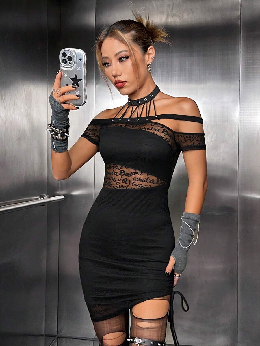 ROMWE PUNK Contrast Mesh Drawstring Side Bodycon Dress Without Gloves - Black - View 1