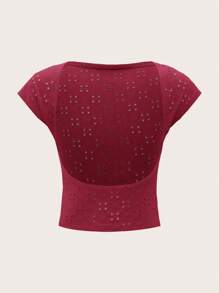 SHEIN ICON Solid Eyelet Embroidery Backless Tee - Rose Red - View 1
