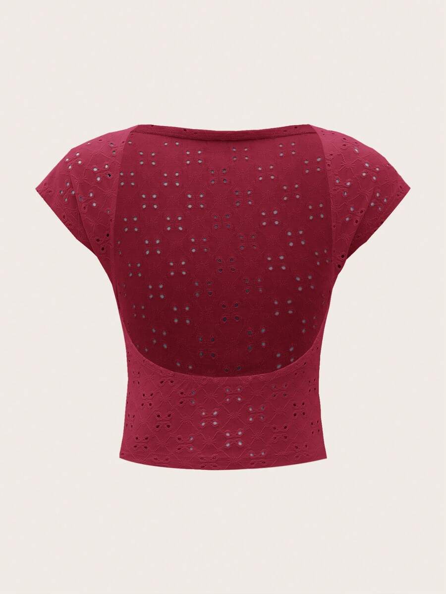 SHEIN ICON Solid Eyelet Embroidery Backless Tee - Rose Red - View 1