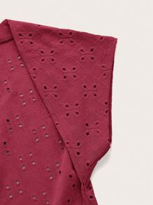 SHEIN ICON Solid Eyelet Embroidery Backless Tee - Rose Red - View 3