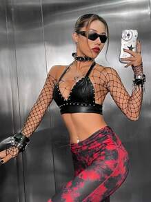 ROMWE PUNK Studded Detail Crop PU Leather Halter Top Without Fishnet Top - Black - View 5