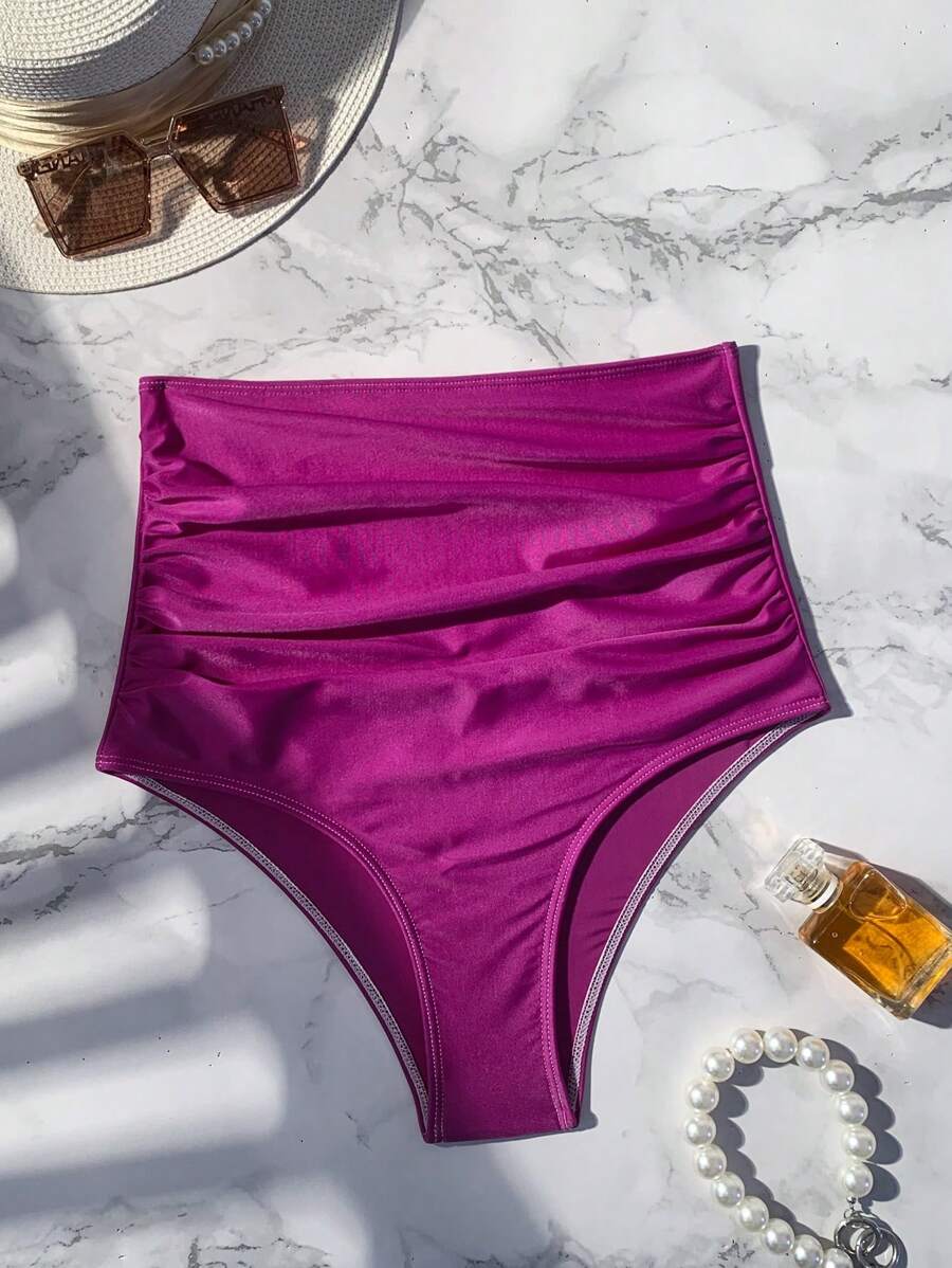 SHEIN Swim Summer Beach Ruched High Waisted Bikini Panty - Purple - View 1
