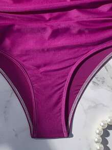 SHEIN Swim Summer Beach Ruched High Waisted Bikini Panty - Purple - View 3