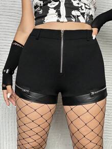 ROMWE PUNK Shorts con cremallera en contraste PU - Negro - Ver 5