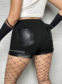 ROMWE PUNK Shorts con cremallera en contraste PU - Negro - Ver 3