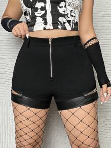 ROMWE PUNK Shorts con cremallera en contraste PU - Negro - Ver 2