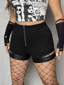 ROMWE PUNK Shorts con cremallera en contraste PU - Negro - Ver 1