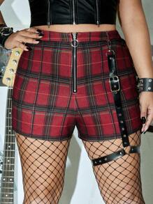 ROMWE PUNK 大碼格紋印花前拉鏈短褲不附帶腿圈 - 彩色 - 查看 6