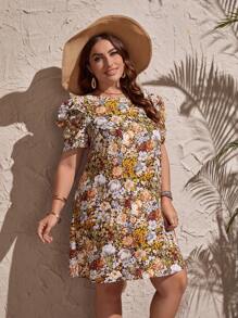 SHEIN LUNE Plus Floral Print Puff Sleeve Dress - Multicolor - View 1