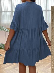 SHEIN LUNE Đầm Plus Size Viên lá sen Nút phía trước màu trơn Dễ thương - Màu xanh hải quân - Xem 2