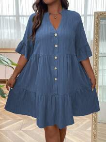 SHEIN LUNE Đầm Plus Size Viên lá sen Nút phía trước màu trơn Dễ thương - Màu xanh hải quân - Xem 5