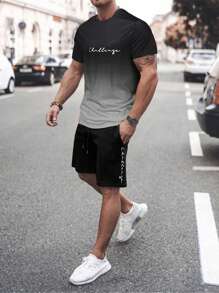 Manfinity Homme Hombres Camiseta con estampado de letra & Shorts con cordón en la cintura - Multicolor - Ver 1