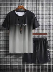 Manfinity Homme Hombres Camiseta con estampado de letra & Shorts con cordón en la cintura - Multicolor - Ver 3