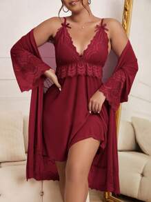 SHEIN طقم بيجاما لبس خروج بفستان كامي وروب شبكي مع بصمة فاخرة - عنابي اللون - مشاهدة 1