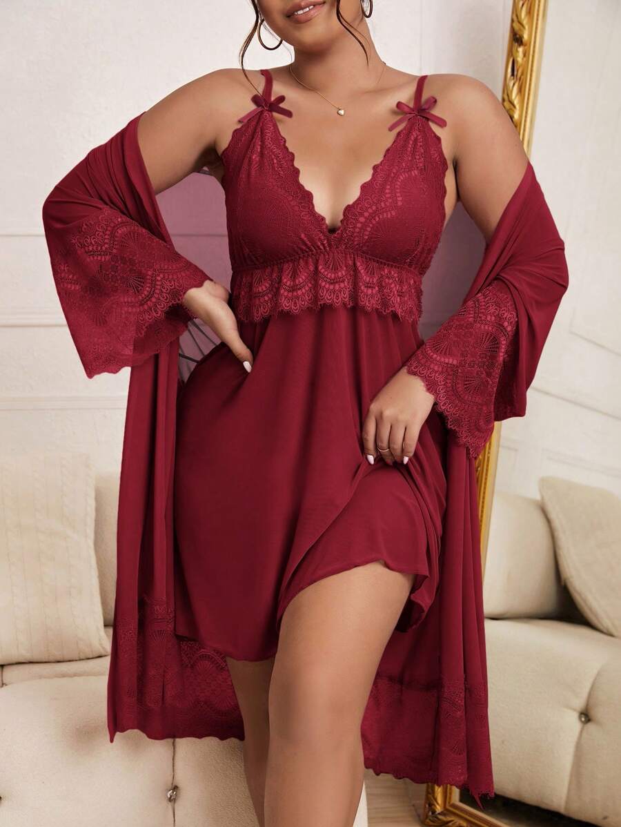 SHEIN طقم بيجاما لبس خروج بفستان كامي وروب شبكي مع بصمة فاخرة - عنابي اللون - مشاهدة 1