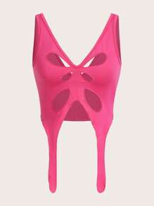 SHEIN ICON 鏤空不對稱下擺背心上衣 - 玫紅色 - 查看 1