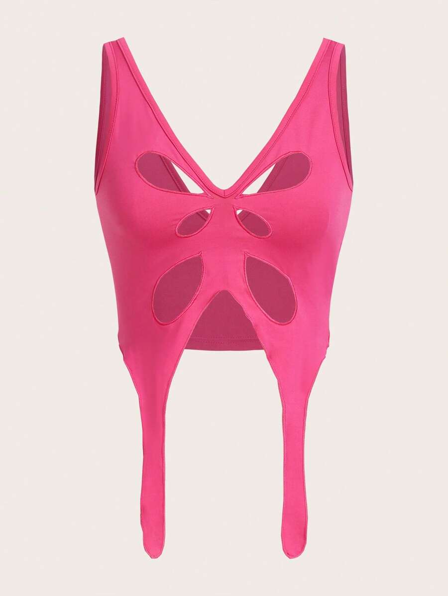 SHEIN ICON 鏤空不對稱下擺背心上衣 - 玫紅色 - 查看 1