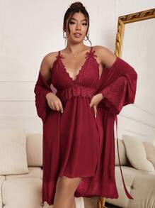 SHEIN طقم بيجاما لبس خروج بفستان كامي وروب شبكي مع بصمة فاخرة - عنابي اللون - مشاهدة 4