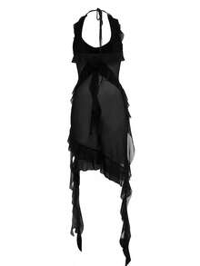 Asymmetrical Hem Mesh Dress - Black - View 2