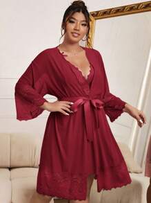 SHEIN طقم بيجاما لبس خروج بفستان كامي وروب شبكي مع بصمة فاخرة - عنابي اللون - مشاهدة 6