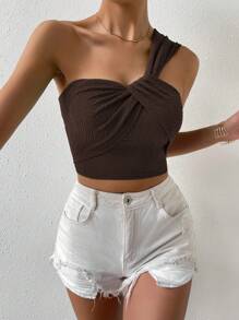 SHEIN Privé 單肩前扭結短款上衣 - 棕色 - 查看 1