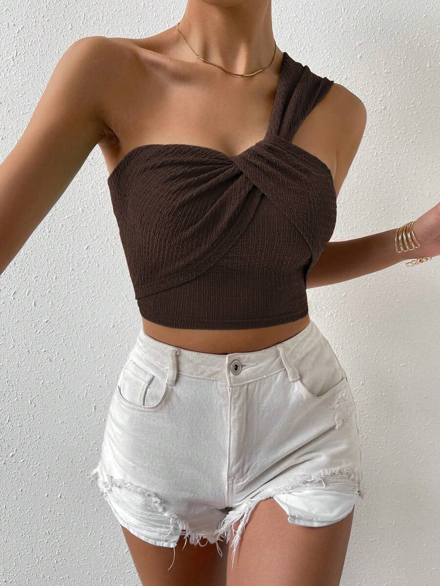 SHEIN Privé 單肩前扭結短款上衣 - 棕色 - 查看 1