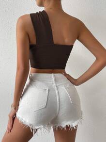 SHEIN Privé 單肩前扭結短款上衣 - 棕色 - 查看 2