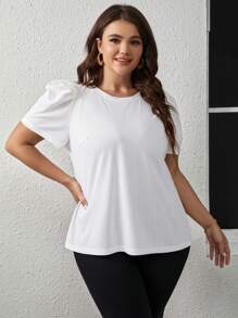 SHEIN Clasi Plus Solid Puff Sleeve Tee - White - View 5