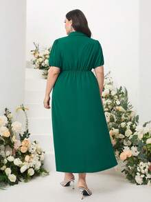 Modelyn Plus Puff Sleeve Button Detail Wrap Knot Side Dress - Green - View 2