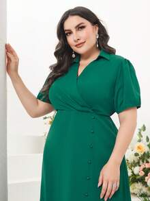 Modelyn Plus Puff Sleeve Button Detail Wrap Knot Side Dress - Green - View 3