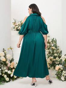 Modelyn Plus Cold Shoulder Puff Sleeve Wrap Detail Dress - Dark Green - View 2